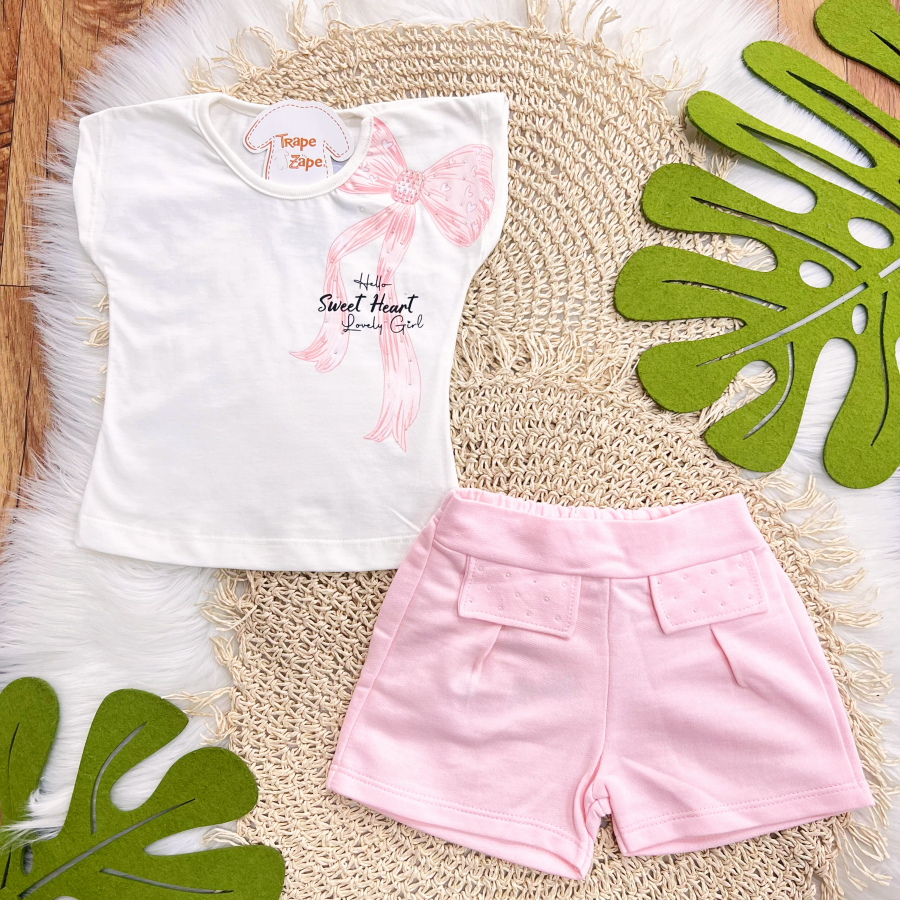 Conj. Blusa Sweet Heart e Short com Strass - Rosa e Off White